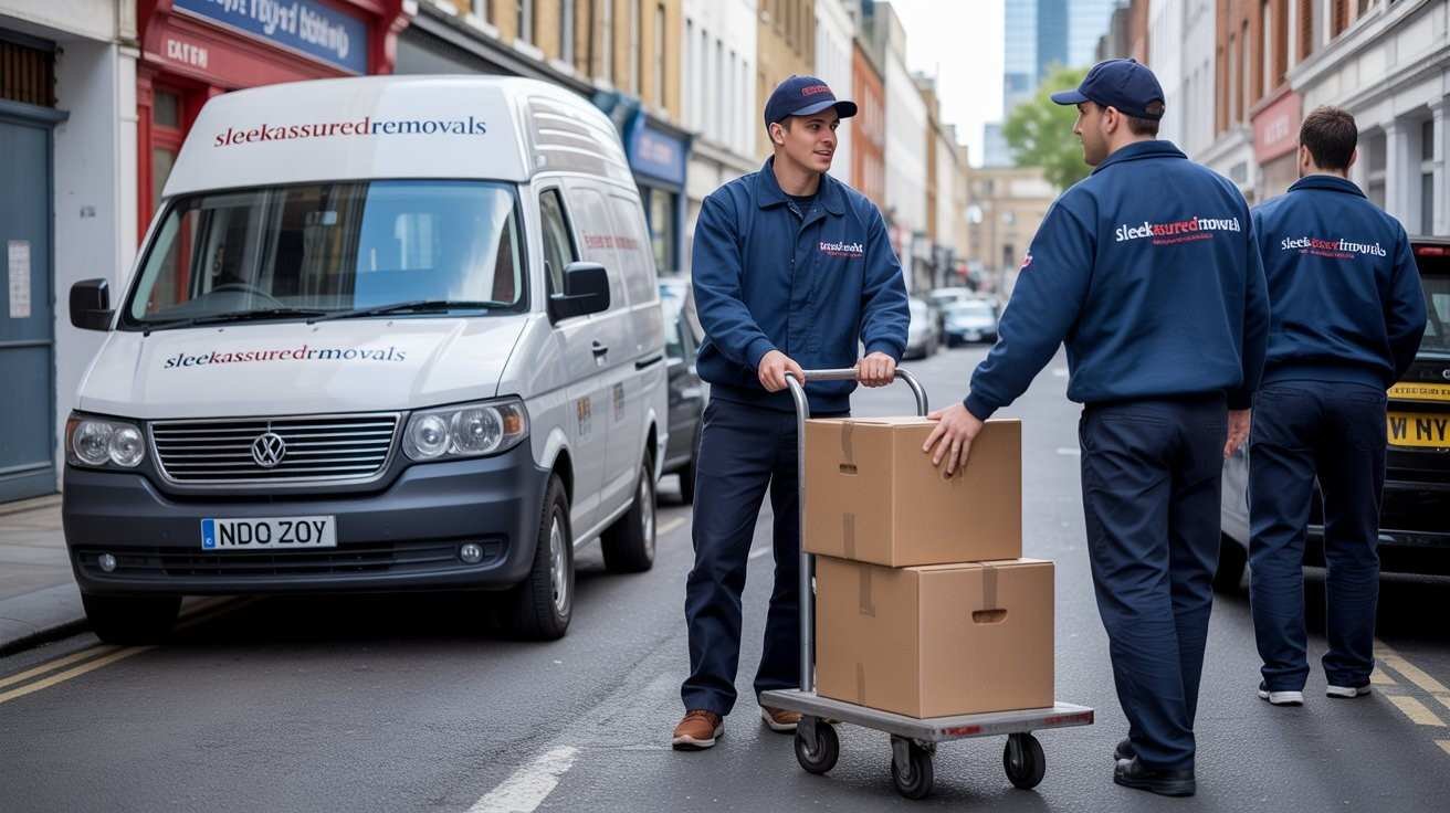 movers unloading boxes beside a van on a narrow Camden, London street with limited space