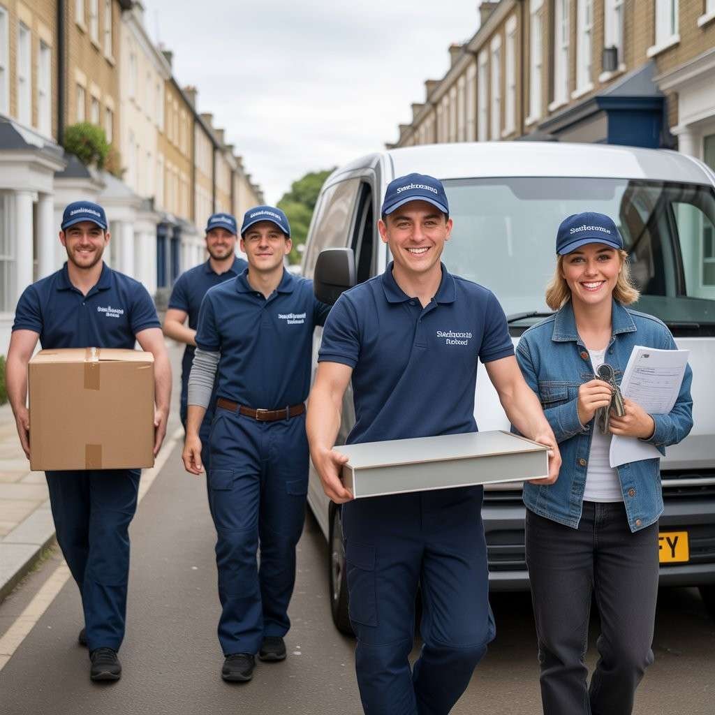Professional movers in navy uniforms helping a customer move home in Greenwich with a clean van nearby