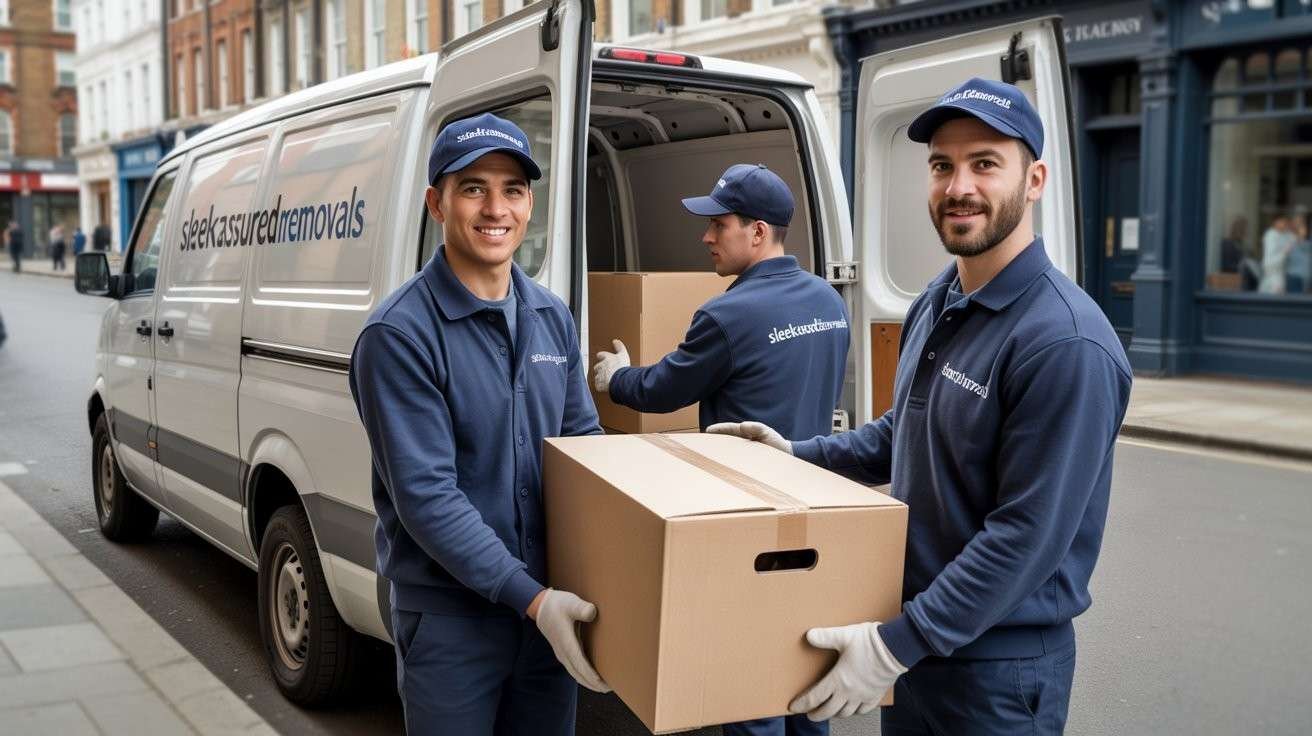 Professional movers carrying boxes from a parked van, demonstrating a simple and reliable office removals service