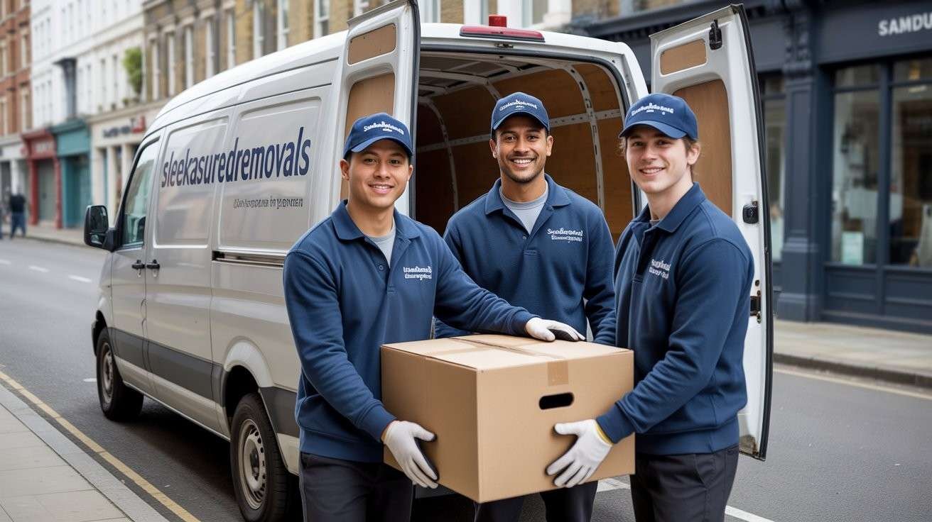 Three Sleekassuredremovals movers carrying boxes beside a van in Lambeth London
