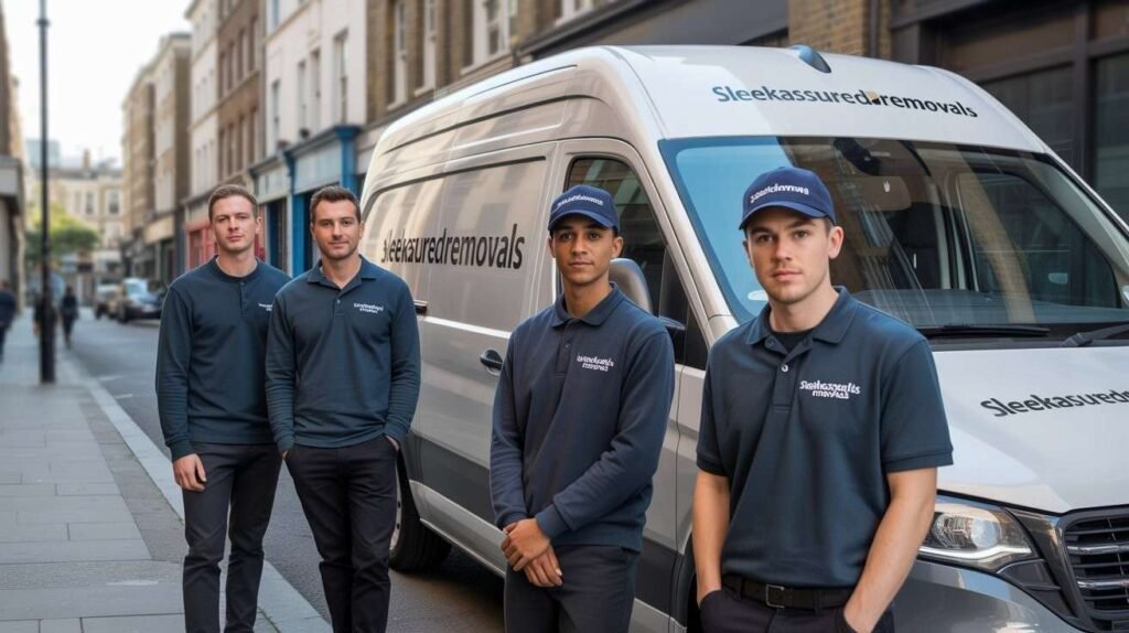 Four sleekassuredremovals movers stand in front of a branded van on a London street, representing the local removals team