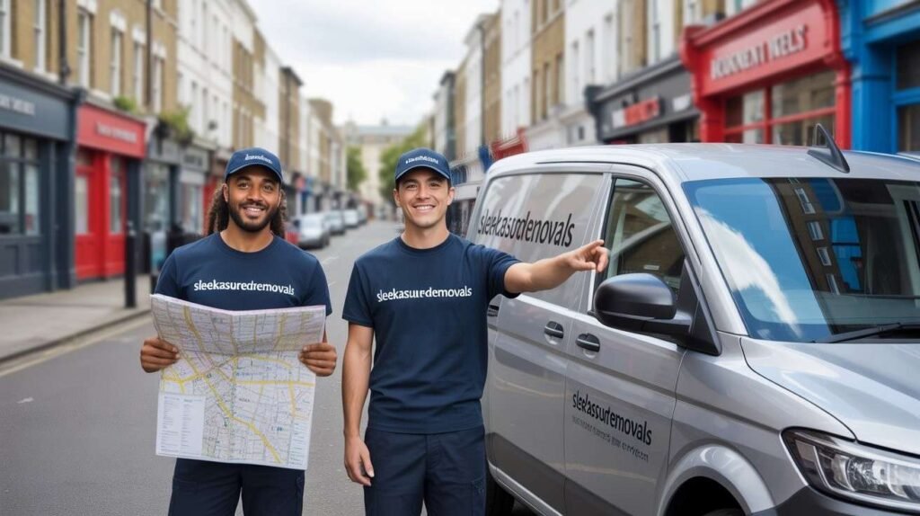 Two sleekassuredremovals movers stand beside a branded van on a London street, representing local man and van coverage across Islington