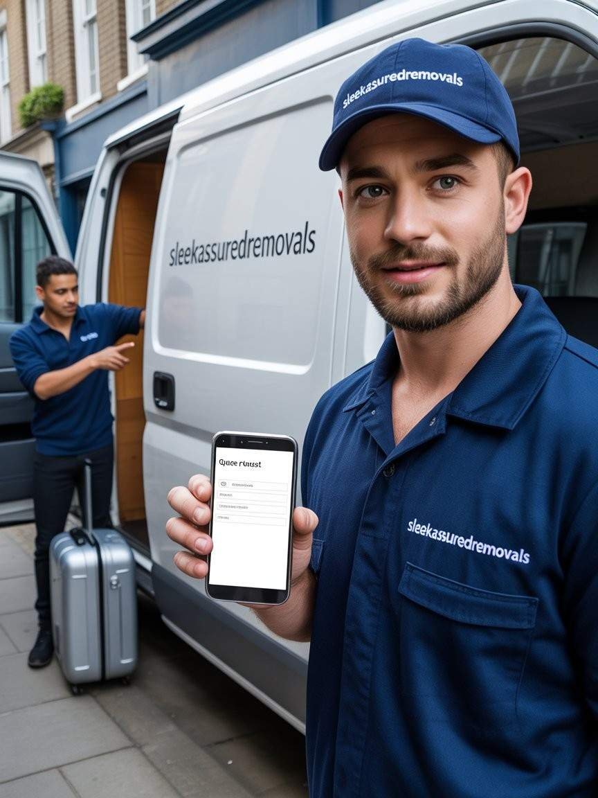 Our man and van service clients showing a quote request on a phone while our mover stands