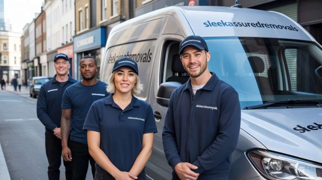 sleekassuredremovals movers stand beside a branded van in Hackney, London, showing the company’s local presence
