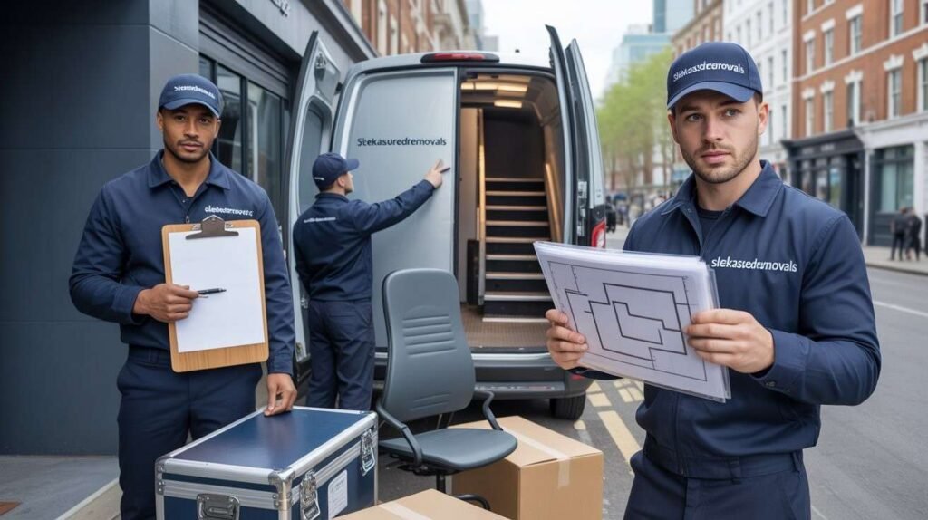 sleekassuredremovals movers plan building access and stairs next to a branded van for a Hackney office move