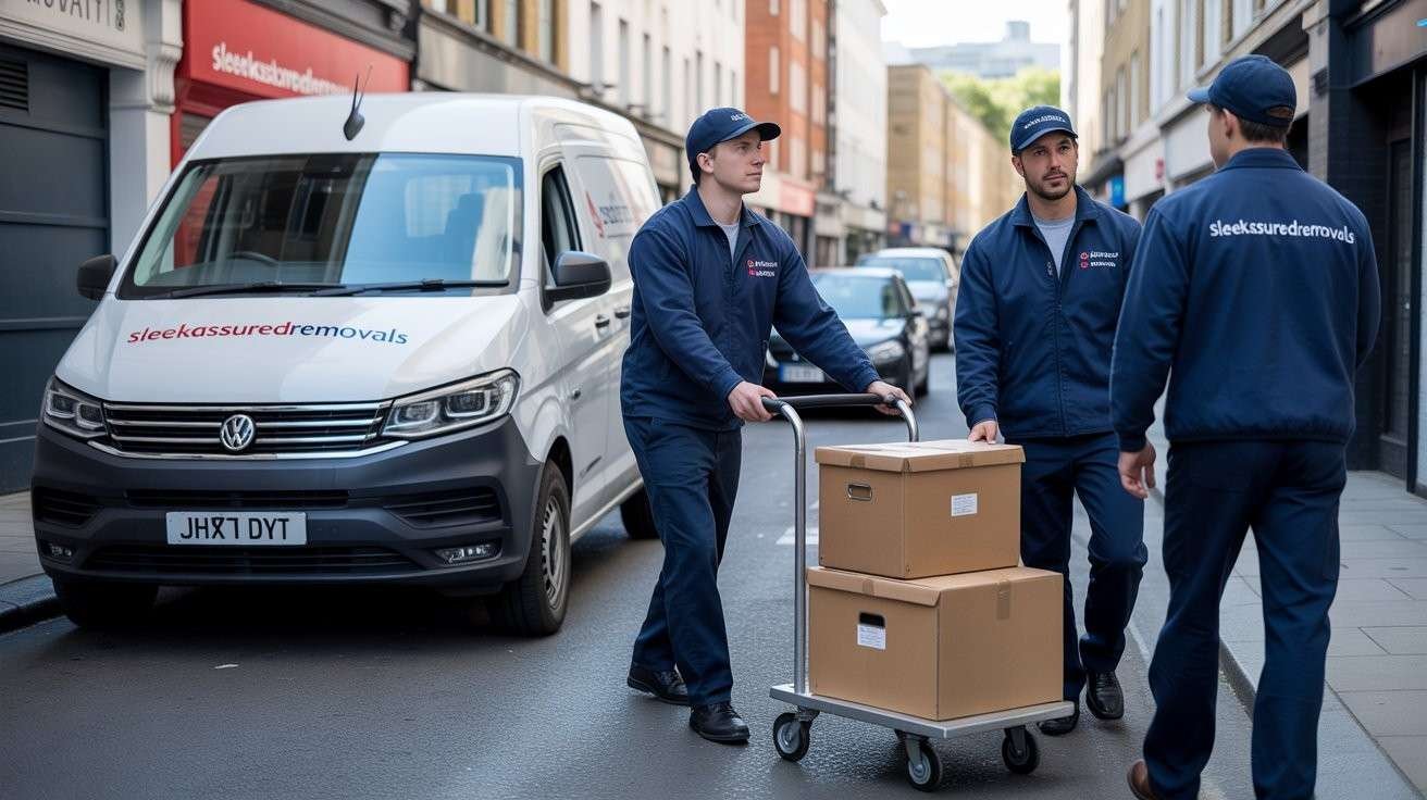 Three professional sleekassuredremovals movers loading boxes with a trolley beside a branded van in Lambeth