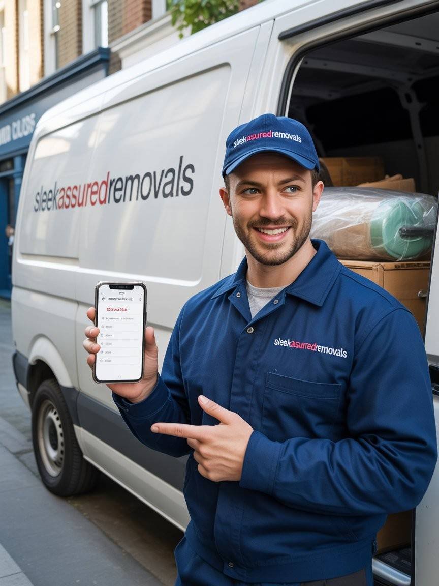 Our Customer showing a quote request on a phone while a sleekassuredremovals