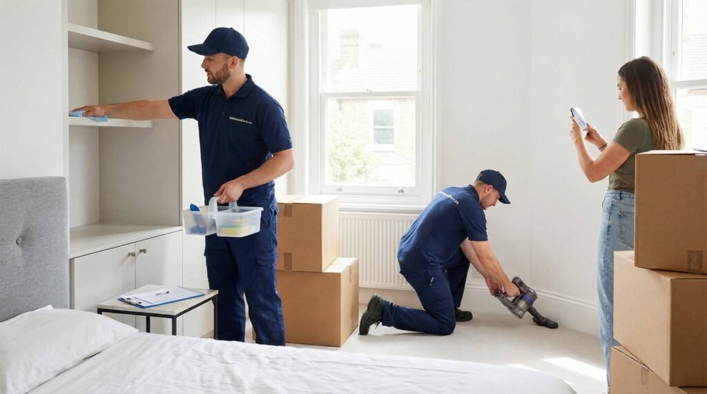 Our movers cleaning a flatshare room during move-out