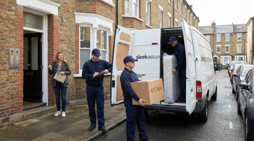 Sleekassuredremovals movers loading boxes into a van for a flatshare move