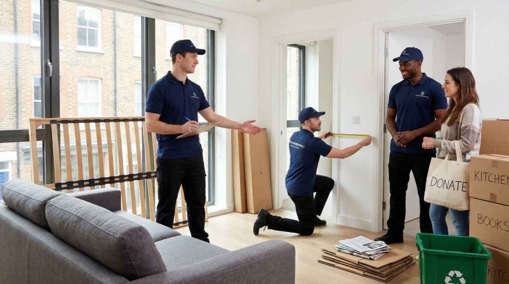 measuring a doorway and checking an inventory list in a London flat, starting a London home relocation timeline