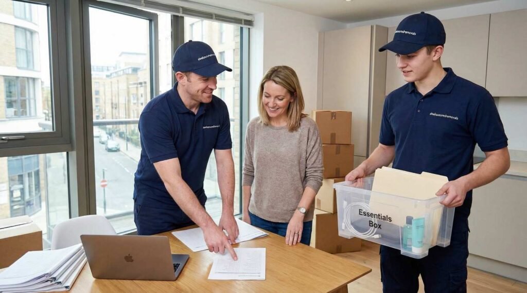 Movers helping a resident organise admin paperwork and an essentials box in a London flat as part of a London home relocation timeline