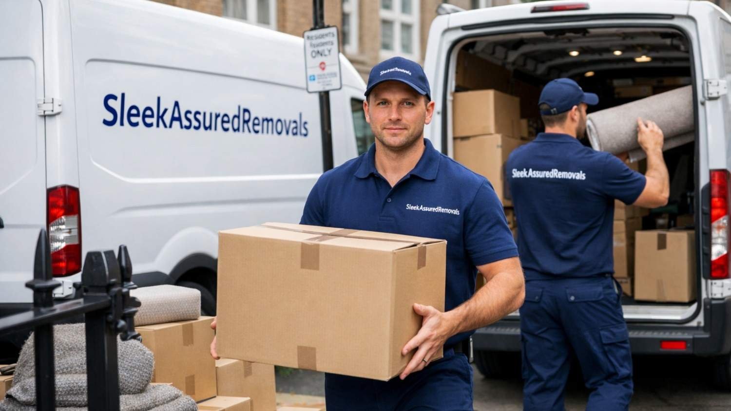 Sleekassuredremovals movers loading boxes into a branded van in London, supporting a London home relocation timeline and moving day plan