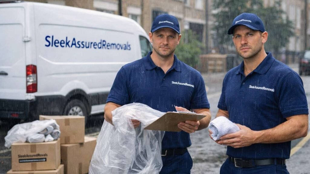 holding plastic covers and a towel beside a branded van in London, preparing a moving backup and emergency plan