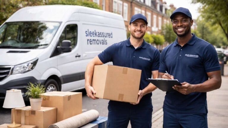 Sleekassuredremovals movers in navy uniforms loading boxes into a branded van outside a London flatshare move-out