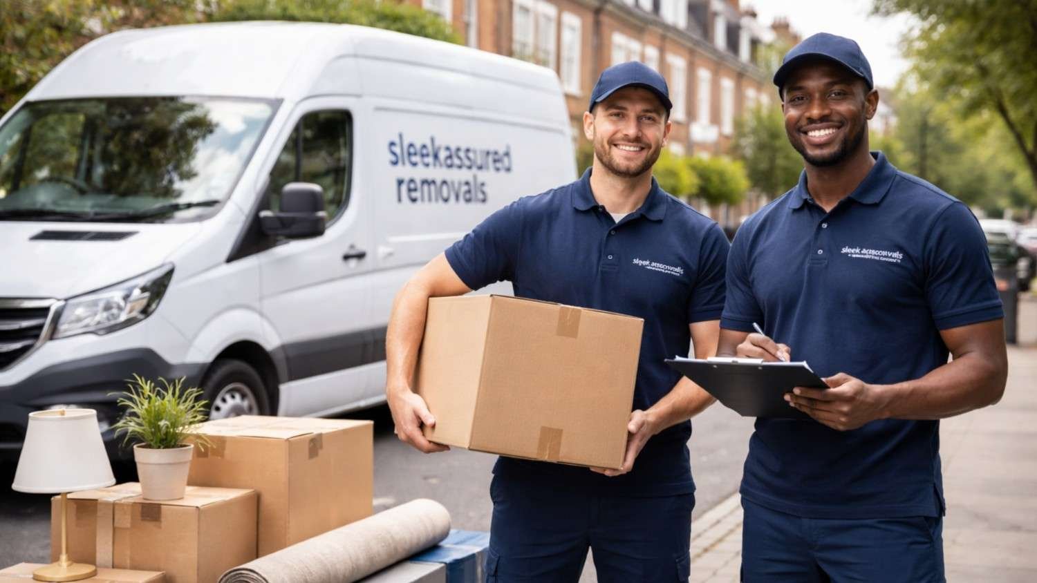 Sleekassuredremovals movers in navy uniforms loading boxes into a branded van outside a London flatshare move-out