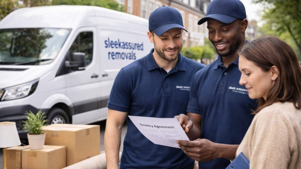 Professional movers reviewing a tenancy agreement at a London flatshare
