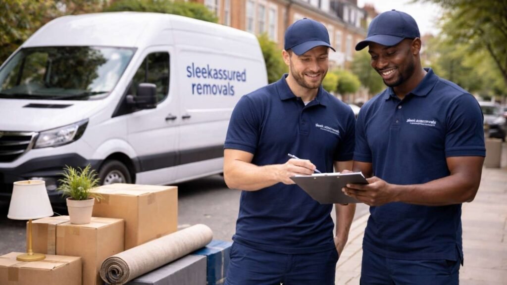 movers reviewing move-out costs beside packed boxes in London