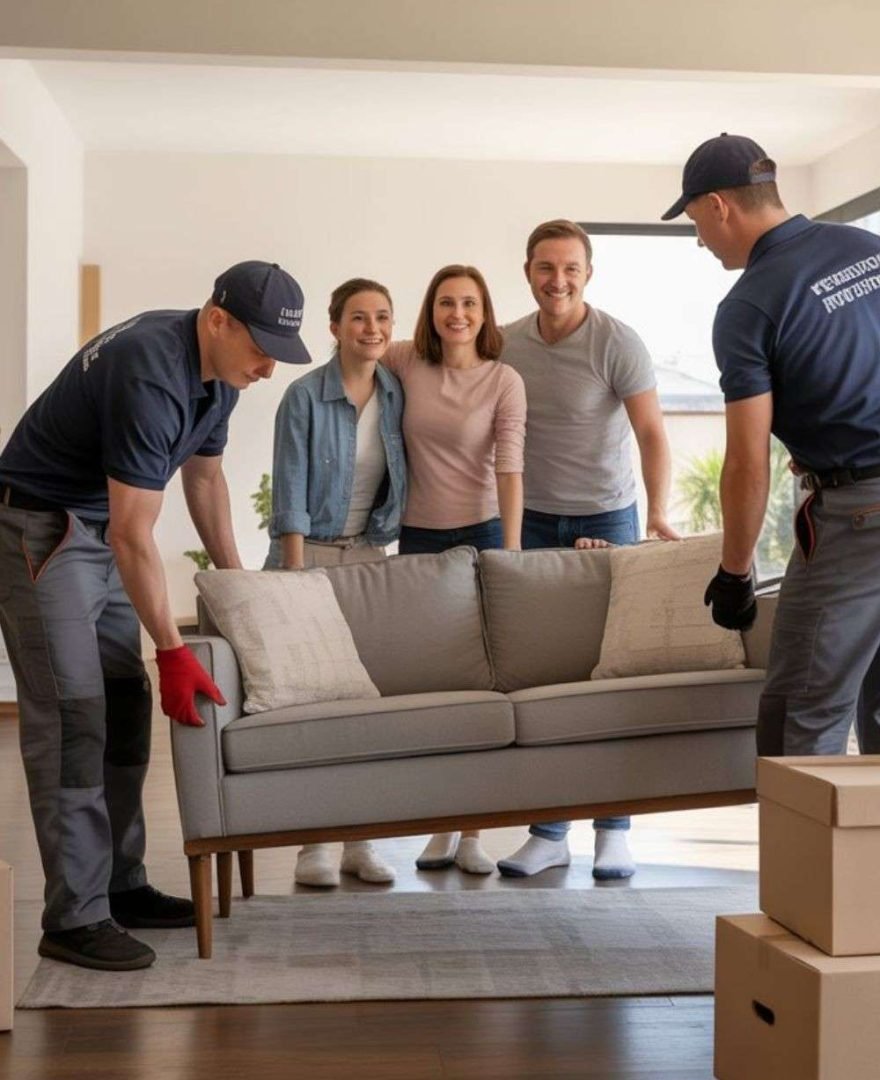 Our movers carefully unloading furniture and sofa in a bright living room while a happy family watches