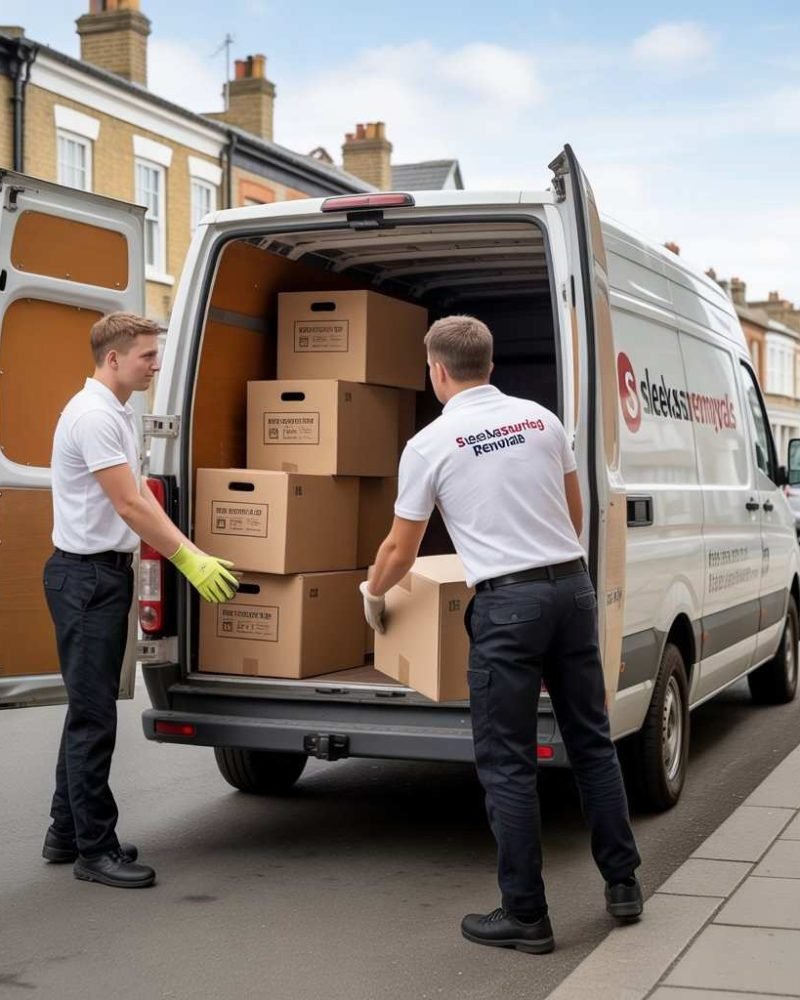 House removals team loading boxs into a moving van