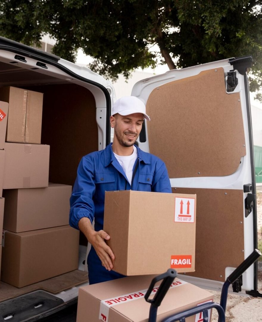 Removal worker unloading boxes from a moving van in London